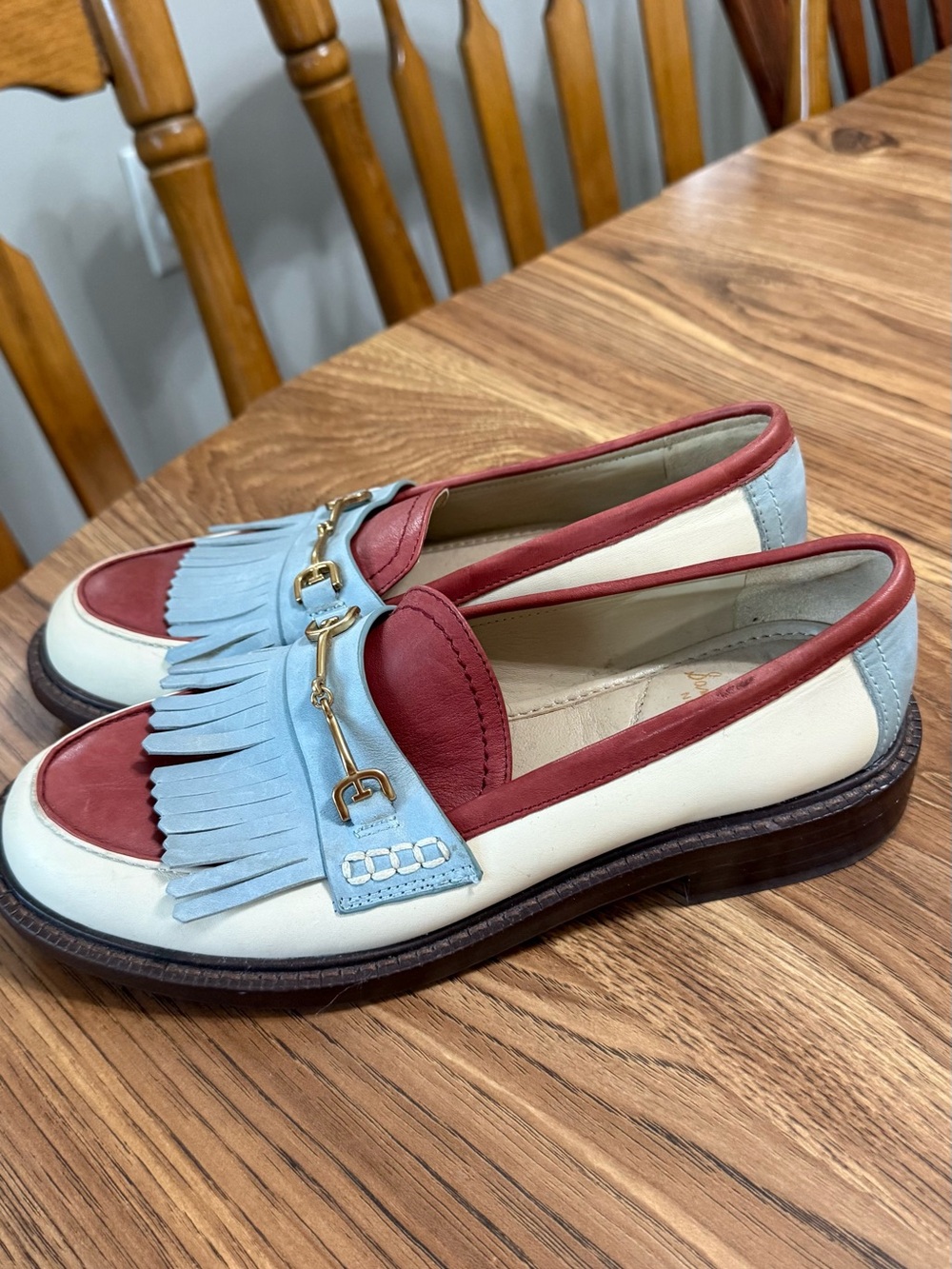 Sam Edelman Two-Tone Fringe Loafers in Red, Light Blue & Cream